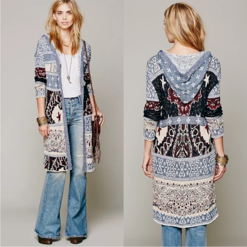 Free People Americana Hooded Duster Cardigan Patchwork Sweater XS